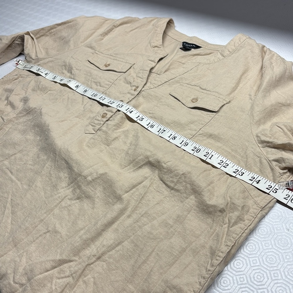 Tahari Linen Blend Long Sleeve 1/4 Button V-Neck Top Tan 1X - Picture 10 of 13